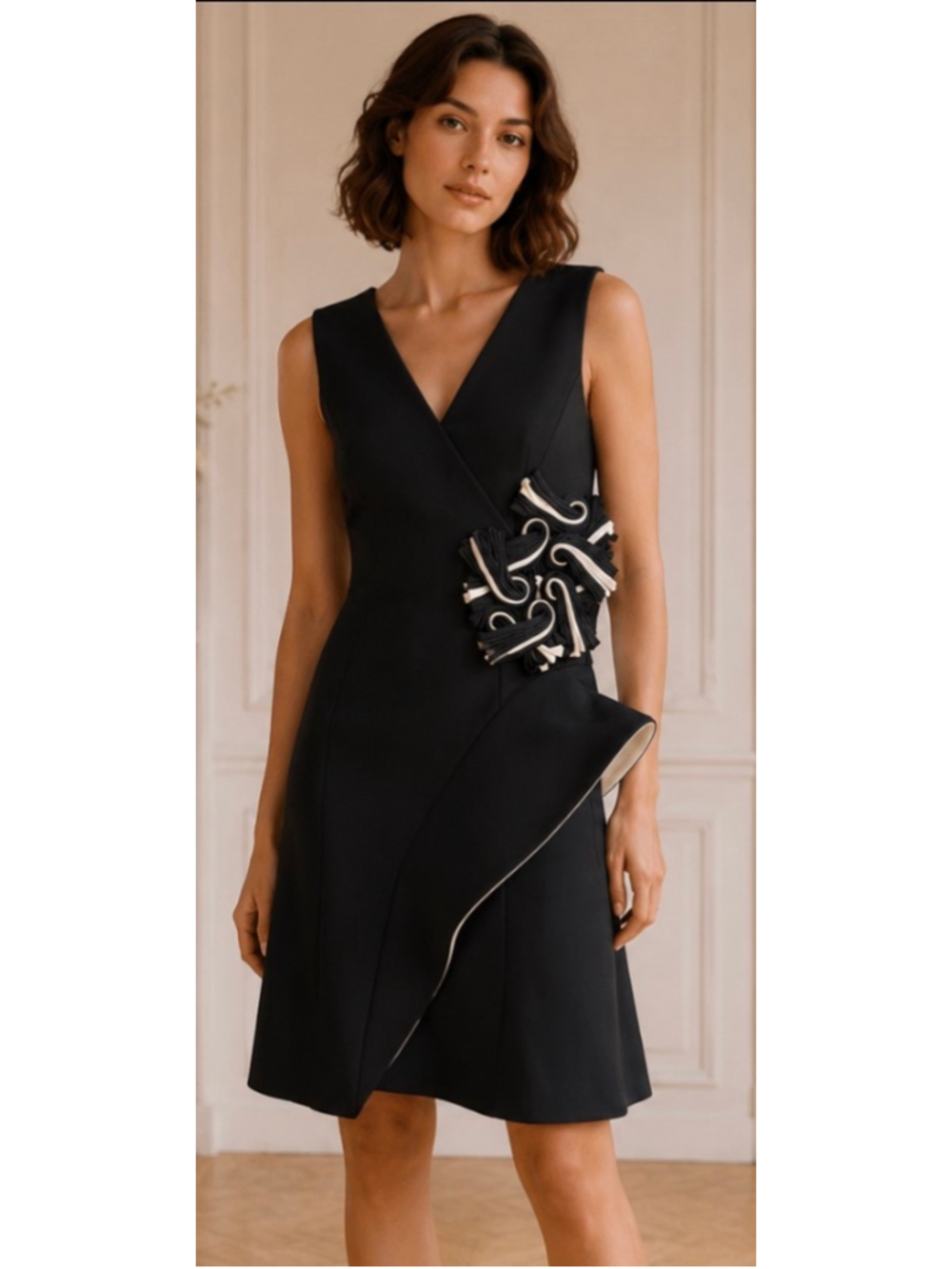 Giorgio Armani Black and White Sleeveless V Neck Structural Mini Dress, Size 6